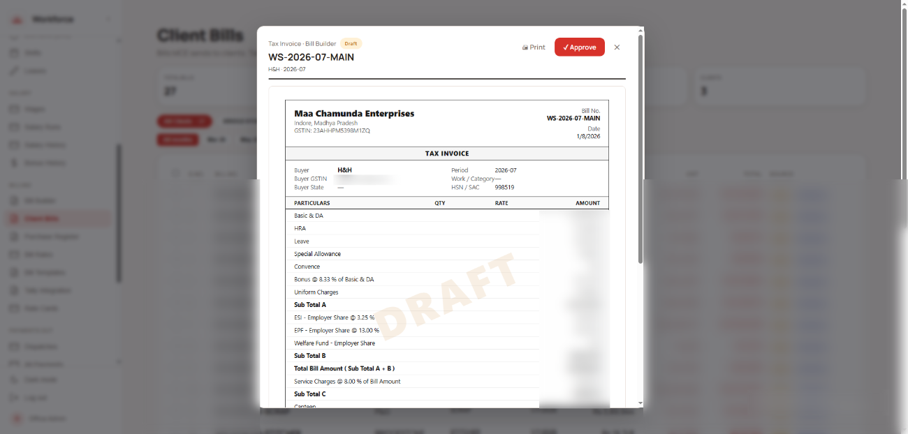 Tax invoice built from attendance data
